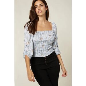 O'Neill Alice Smocked Xenon Blue Cropped Sweetheart Top Size M New